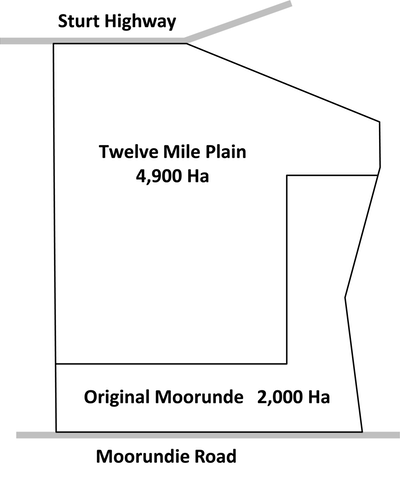 Moorunde Wildlife Reserve showing the original Moorunde (est 1968) and the Twelve Mile Plain (acq 2007)